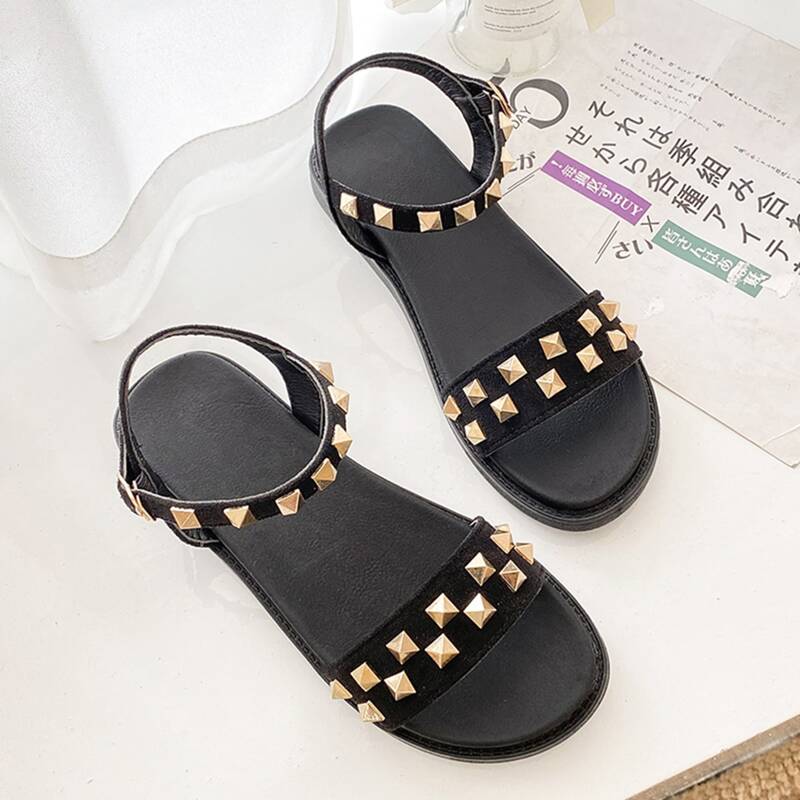 

Studded Ankle Strap Flat Sandals, Black