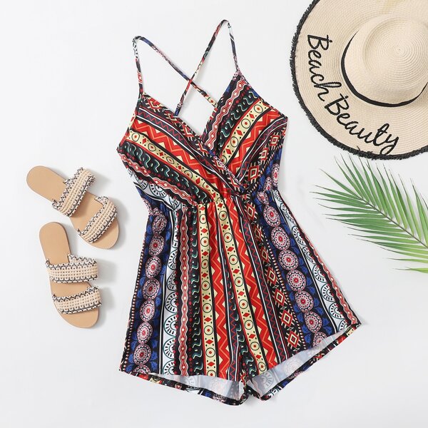

Geo Print Surplice Cami Romper, Multicolor