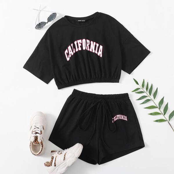 

Letter Graphic Crop Tee & Track Shorts, Black