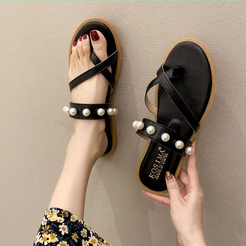 

Faux Pearl Strap Toe Post Slide Sandals, Black