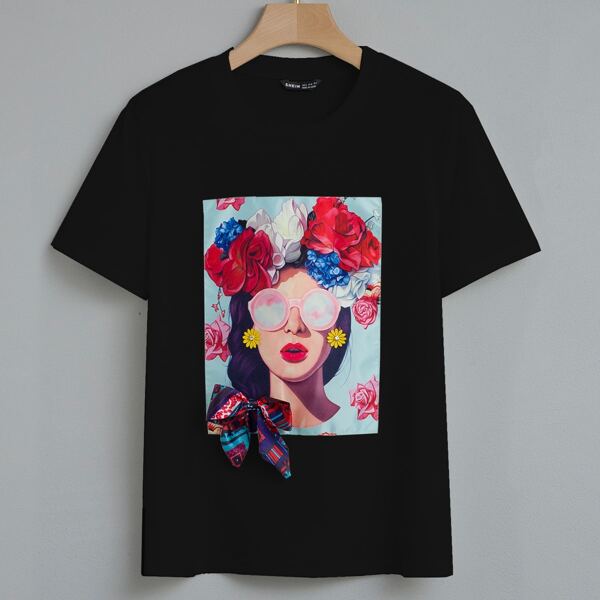 

Floral & Figure Graphic Bow Front Tee, Black