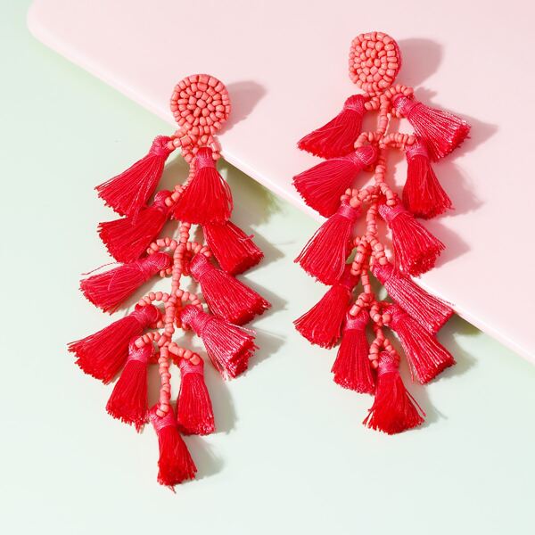 

Bead Decor Tassel Drop Earrings, Red