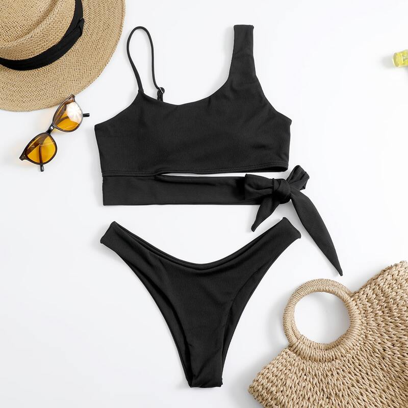 

Asymmetrical Neck Knot High Leg Bikini Swimsuit, Black