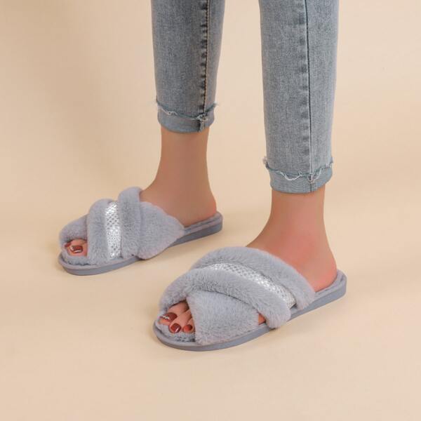 

Metallic Detail Cross Strap Fluffy Slippers, Grey