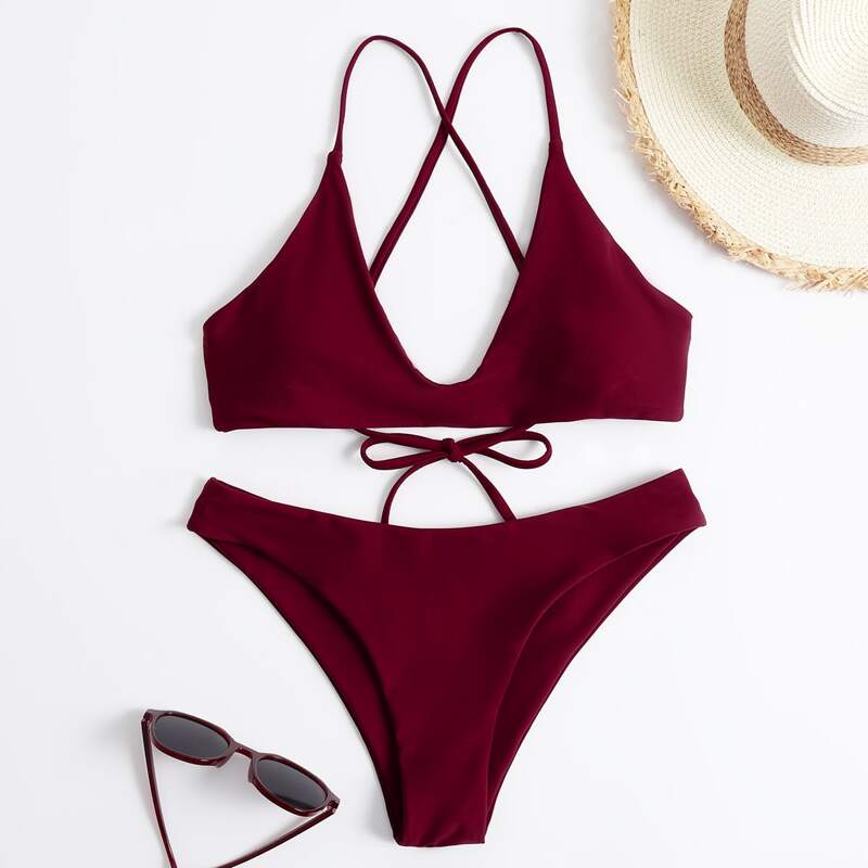 

Solid Crisscross Back Bikini Swimsuit, Burgundy