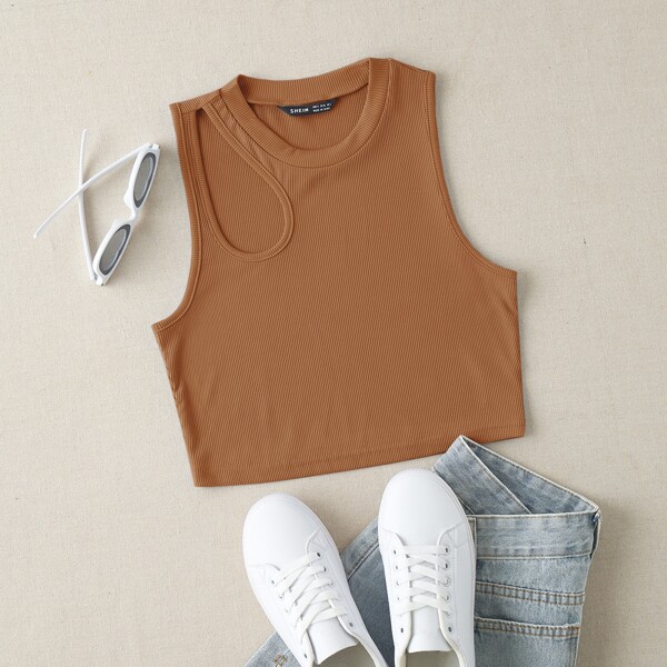 

Rib-knit Cut Out Tank Top, Brown