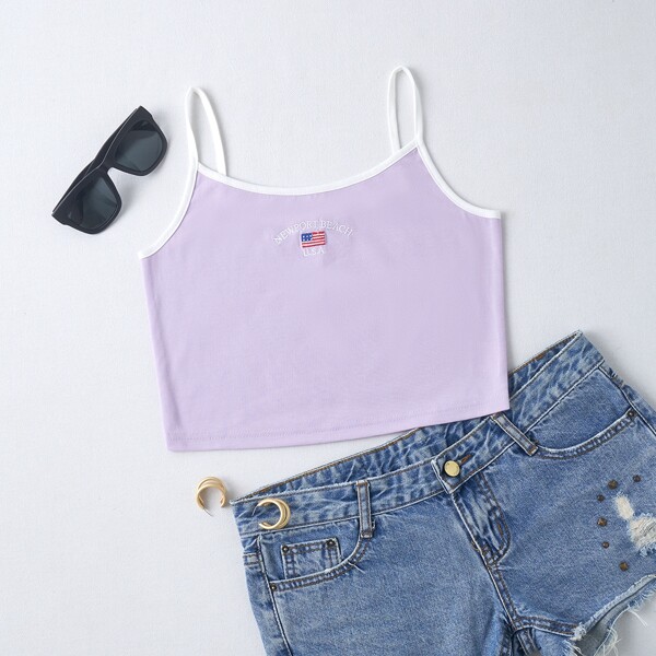 

American Flag And Letter Embroidery Crop Cami Top, Lilac purple