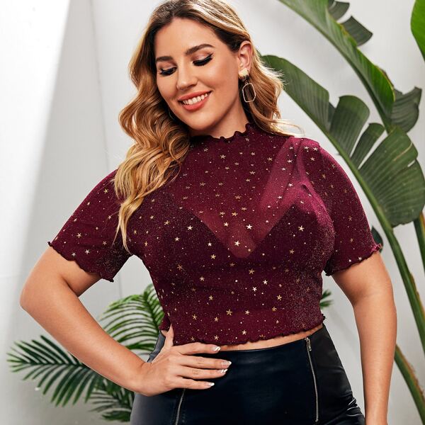 

Plus Lettuce Trim Galaxy Mesh Sheer Top Without Bra, Maroon
