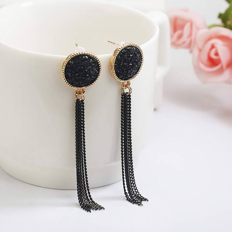 

1pair Tassel Design Drop Earrings, Black