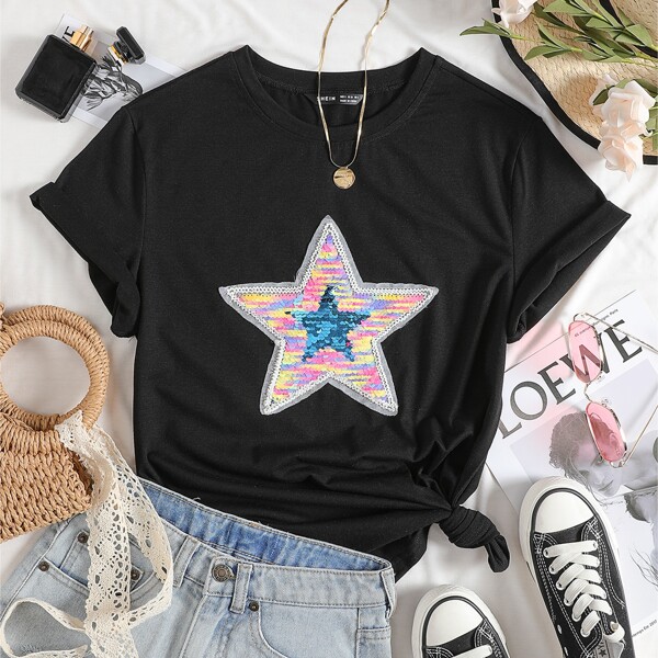 

Star Sequin Patched Tee, Black
