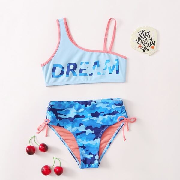 

Girls Camo & Letter Graphic Bikini Swimsuit, Multicolor