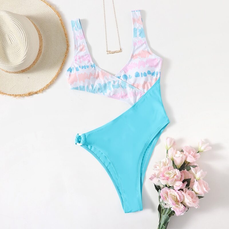 

Colorblock Ring Decor Cut-out One Piece Swimsuit, Mint blue