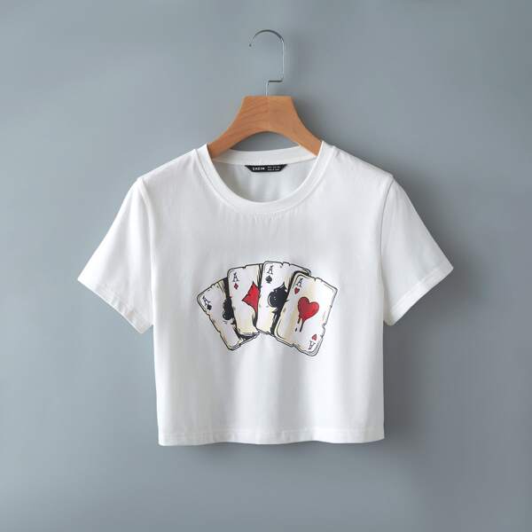 

Playing Card Print Crop Tee, White