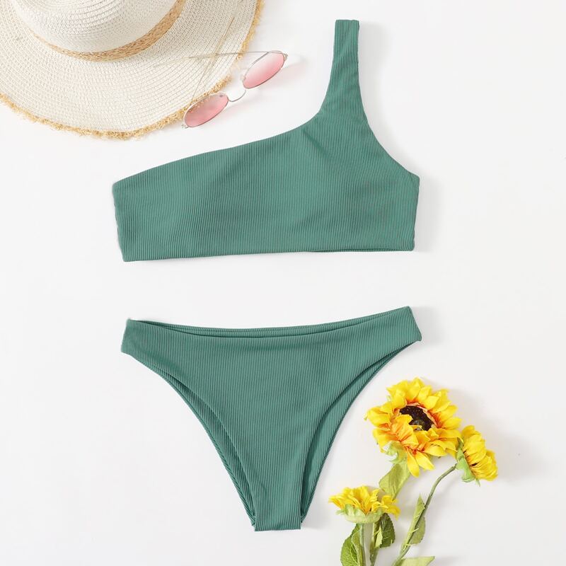 

Ribbed One Shoulder Bikini Swimsuit, Mint green