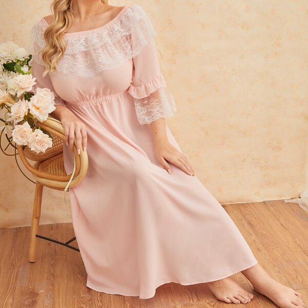 

Plus Lace Ruffle Trim Nightdress, Baby pink