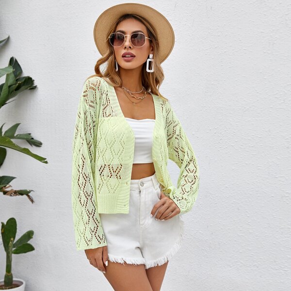 

Pointelle Knit Button Up Cardigan, Lime green