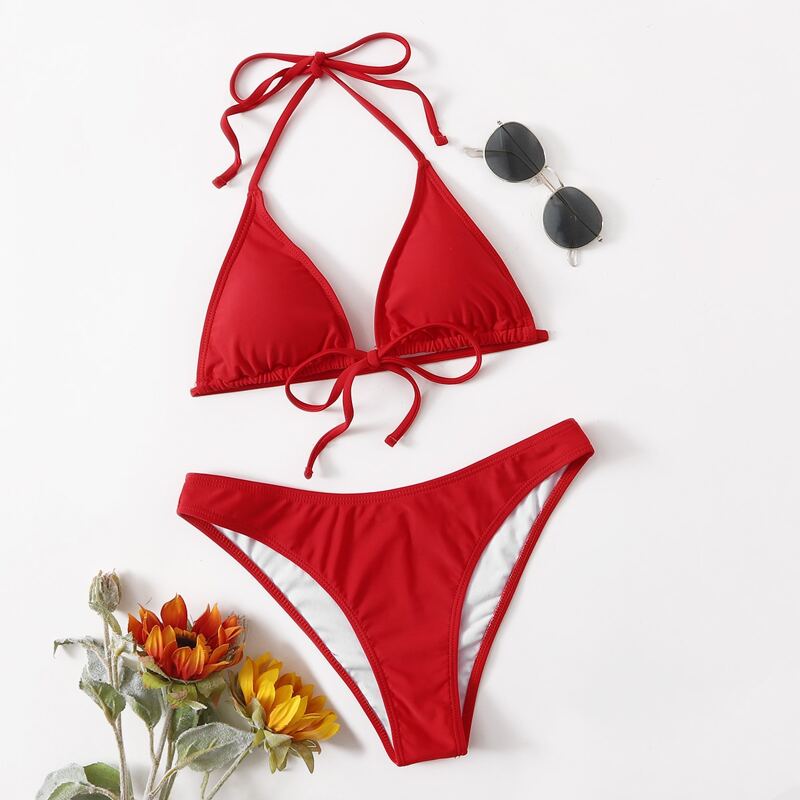 

Solid Triangle Halter Bikini Swimsuit, Red