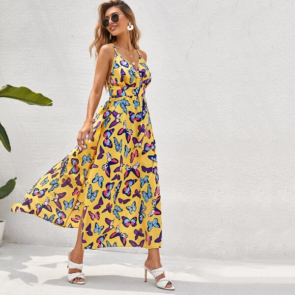 

Butterfly Print Criss Cross Back Wrap Cami Dress, Multicolor