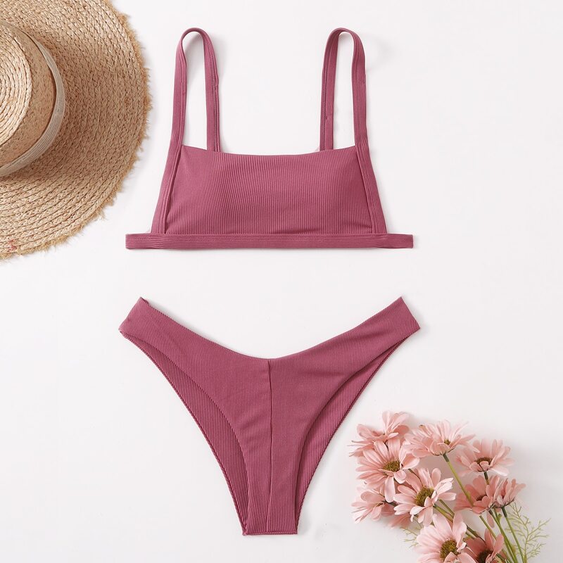 

Ribbed High Leg Bikini Swimsuit, Dusty pink