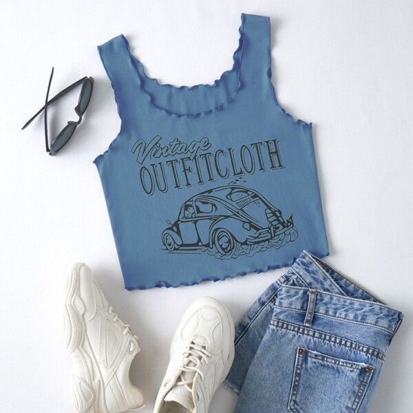 

Letter Graphic Lettuce Trim Tank Top, Dusty blue