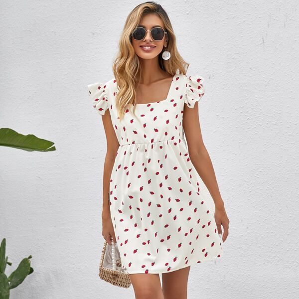 

Strawberry Print Square Neck Smock Dress, White