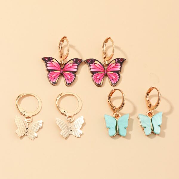 

3pairs Butterfly Drop Earrings, Multicolor