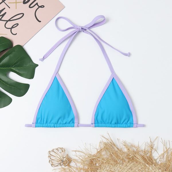 

Contrast Binding Halter Triangle Bikini Top, Blue