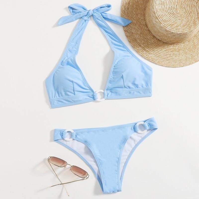 Ring Decor Halter Bikini Swimsuit, Baby blue