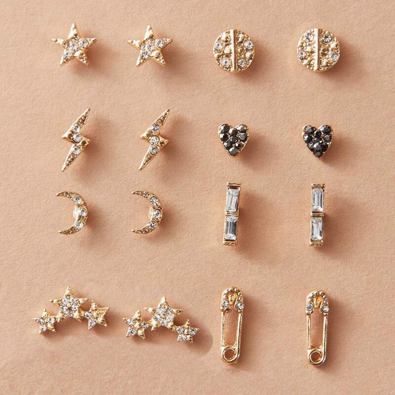 

8pairs Rhinestone Stud Earrings, Gold