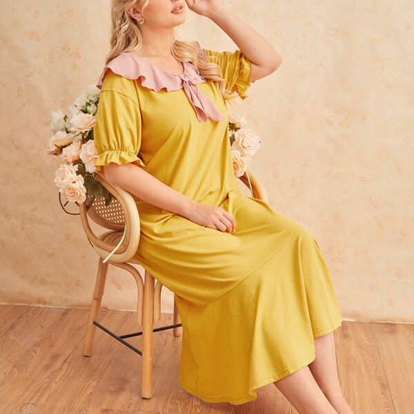 

Plus Tie Front Bell Sleeve Ruffle Hem Nightdress, Yellow