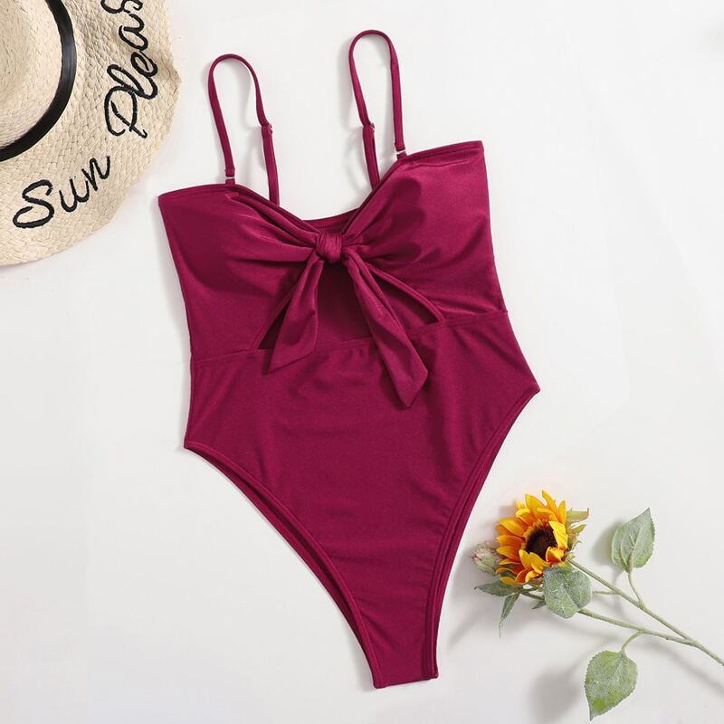

Knot Front Cami One Piece Swimsuit, Rose red