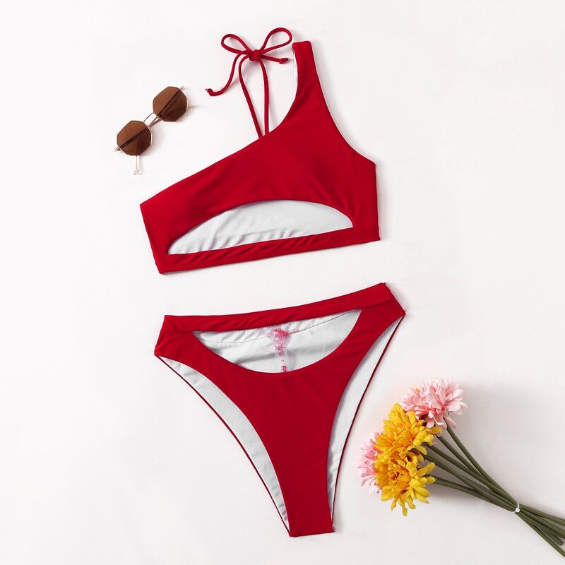 

Asymmetrical Neck Cut-out Bikini Swimsuit, Red