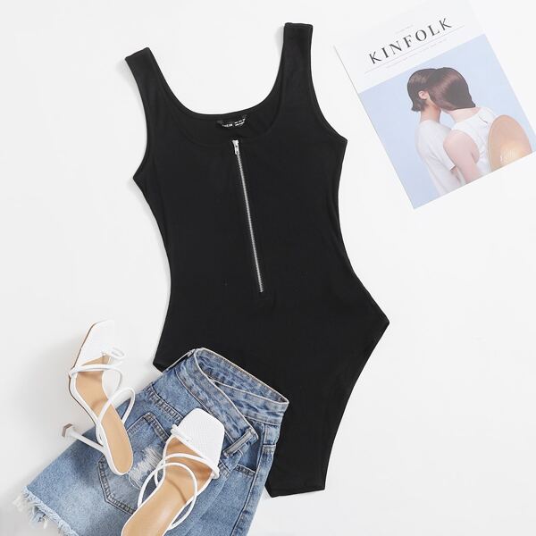 

Zipper Front Rib-knit Tank Bodysuit, Black