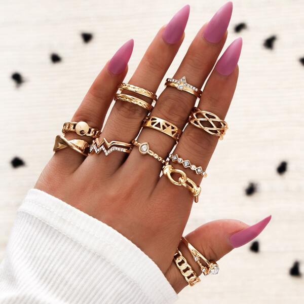 

12pcs Rhinestone Decor Ring, Gold