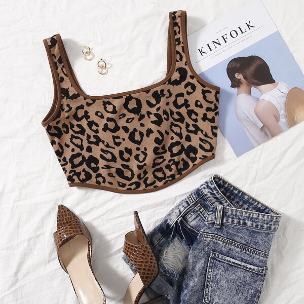 

Leopard Print Contrast Binding Asymmetrical Hem Tank Top, Multicolor