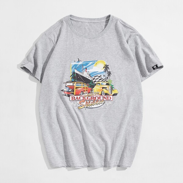 

Men Car And Letter Graphic Tee, Light grey