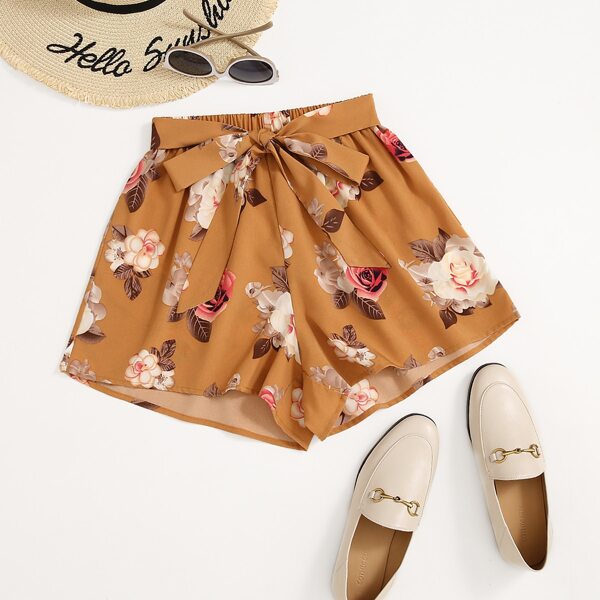 

Self Belted Floral Shorts, Mustard yellow