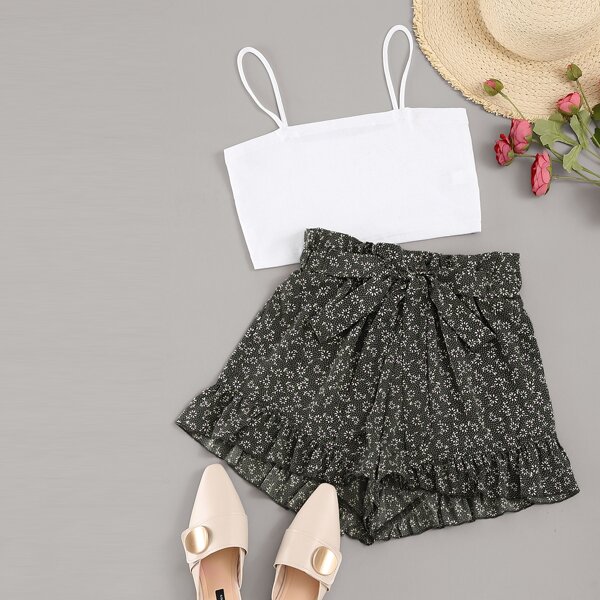 

Crop Cami Top & Floral Ruffle Shorts, Black and white