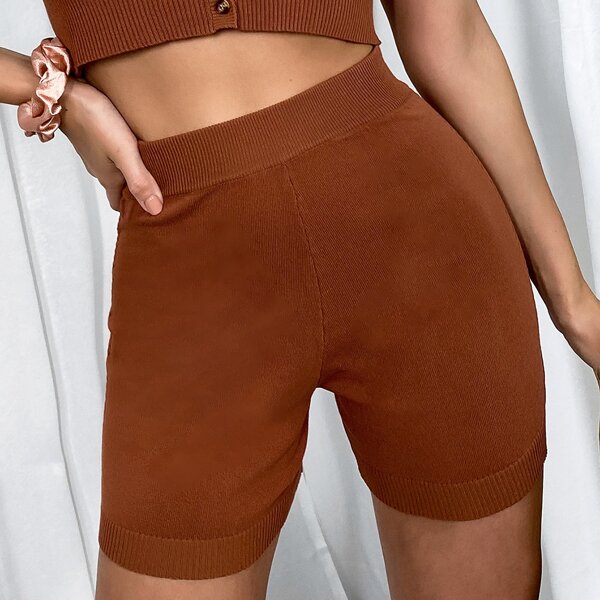 

Solid Ribbed Knit Shorts, Brown