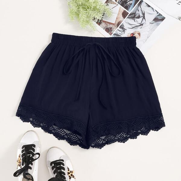

Knot Front Lace Trim Shorts, Navy blue
