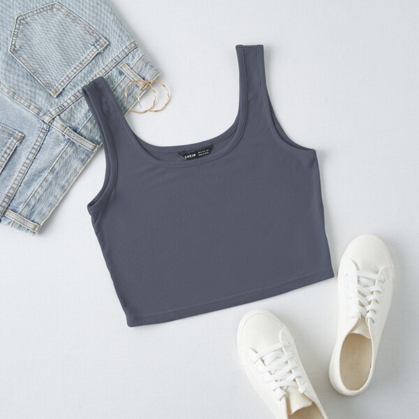 

Rib-knit Crop Tank Top, Dusty blue