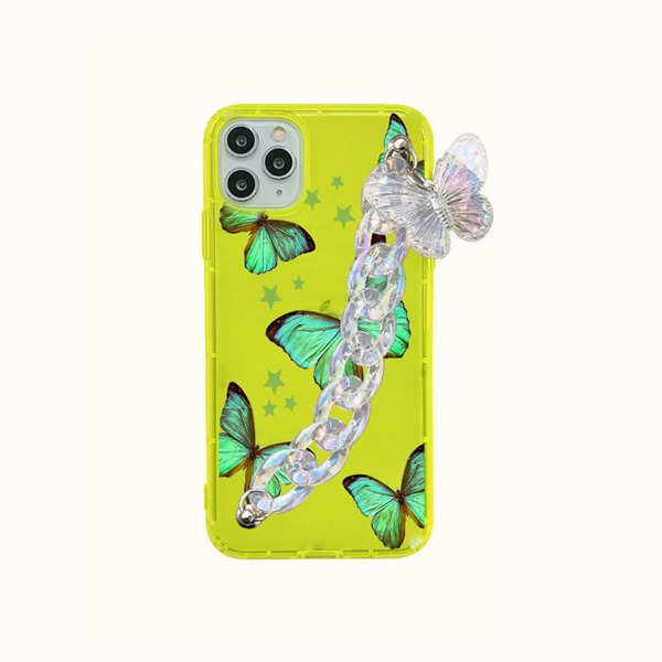 

Neon Lime Butterfly Print Hand Strap Phone Case, Lime green