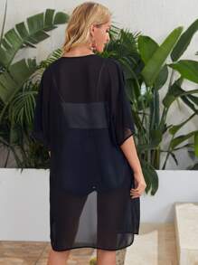 SHEIN 前开式纯色和服，适合夏季海滩度假 - 黑色 - 查看 2
