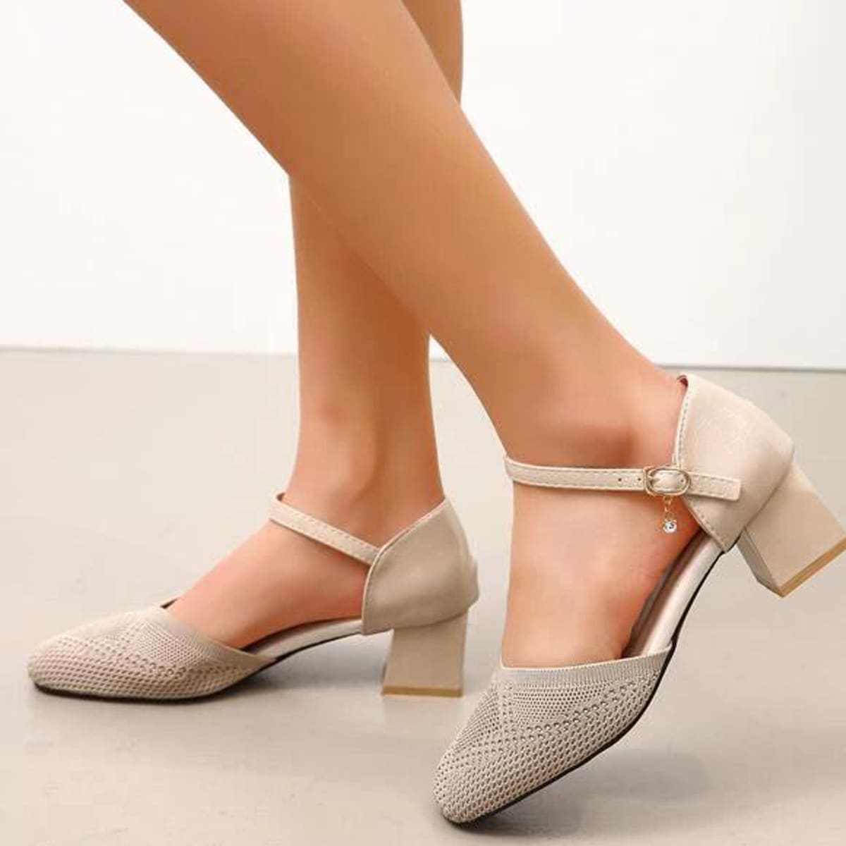 Square Toe Knit Ankle Strap Court Pumps, Beige