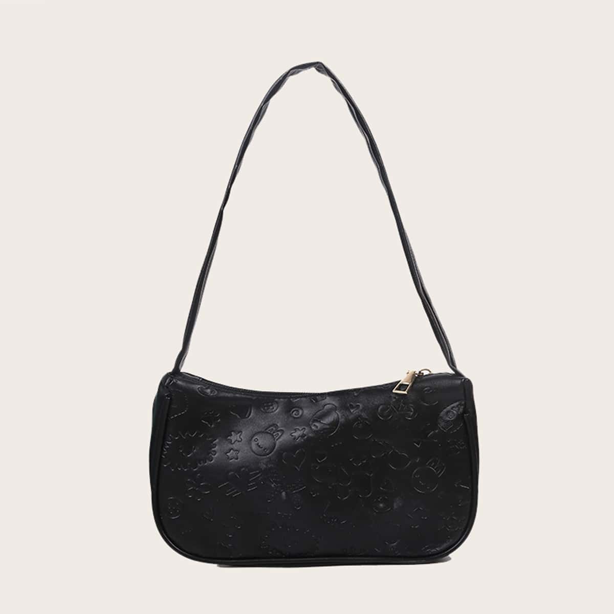 

Cartoon Embossed Baguette Bag, Black