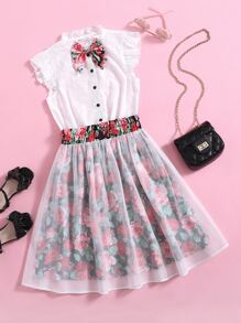 SHEIN 女孩褶邊蝴蝶結細節網眼刺繡上衣和印花網紗傘狀半身裙套裝 - 彩色 - 查看 1