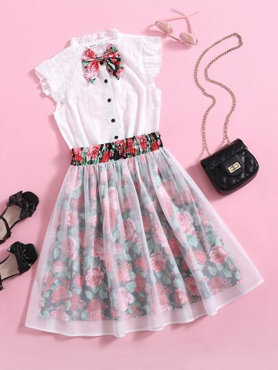 SHEIN 女孩褶邊蝴蝶結細節網眼刺繡上衣和印花網紗傘狀半身裙套裝