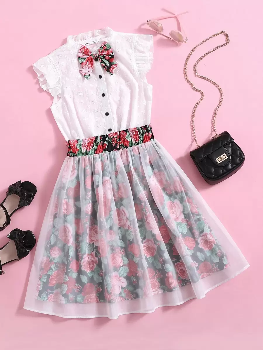 SHEIN 女孩褶邊蝴蝶結細節網眼刺繡上衣和印花網紗傘狀半身裙套裝 - 彩色 - 查看 1