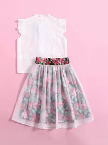 SHEIN 女孩褶邊蝴蝶結細節網眼刺繡上衣和印花網紗傘狀半身裙套裝 - 彩色 - 查看 2