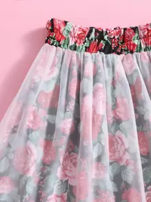 SHEIN 女孩褶邊蝴蝶結細節網眼刺繡上衣和印花網紗傘狀半身裙套裝 - 彩色 - 查看 3